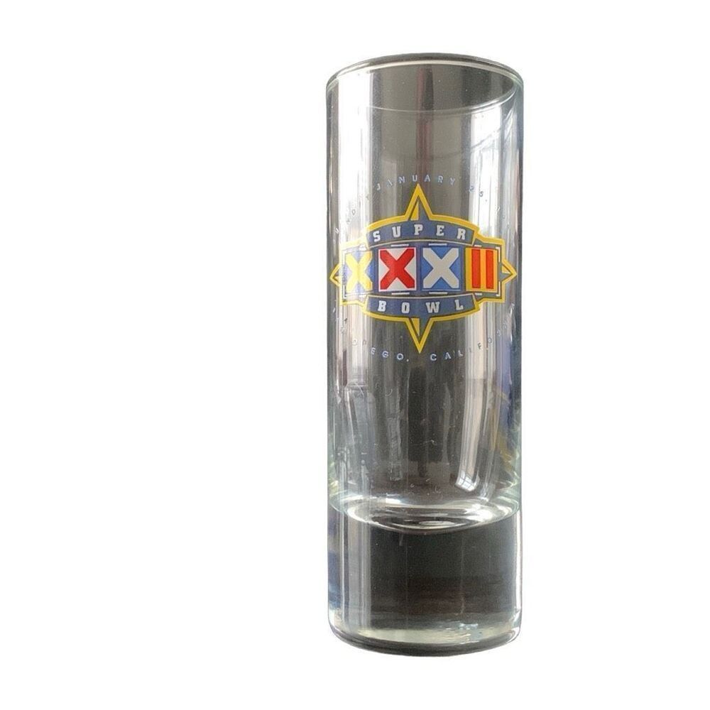 Vintage Super Bowl XXXII Packers Broncos 4” Shot Glass Shotglass NFL Football